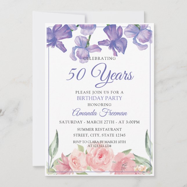 Invitación Elegante morado y rosas rosadas cumpleaños de la m (Anverso)