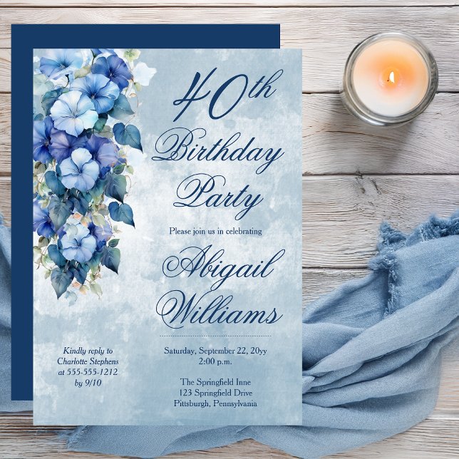 Invitación Elegante Morning Glories Blue Floral 40 cumpleaños (Boho Elegant Morning Glories Blue Floral 40th Birthday Party Invitation - Print | Digital Download)