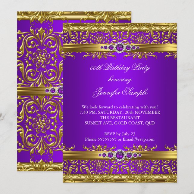 Invitación Elegante Morple Gold Damask Diamond Cumpleaños (Anverso / Reverso)