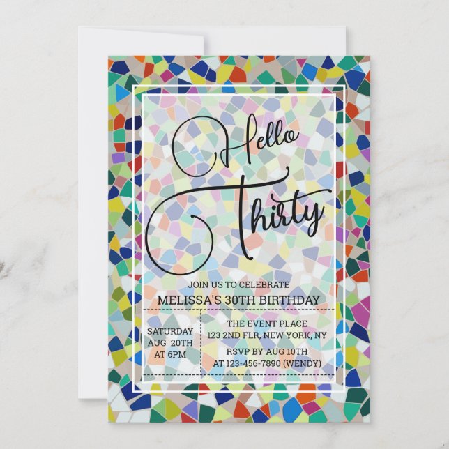 Invitación Elegante Mosaico Colorido Hola Treinta Años (Anverso)