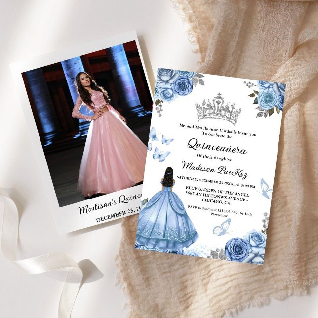 Invitación Elegante moscarda azul floral Quinceanera (Subido por el creador)