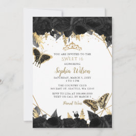 Invitación Elegante mosto de mariposa floral de oro negro 16