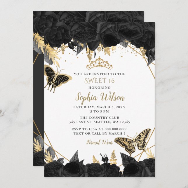 Invitación Elegante mosto de mariposa floral de oro negro 16 (Anverso / Reverso)