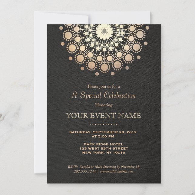 Invitación Elegante Motif Círculo de Oro Lino Negro Aspecto F (Anverso)