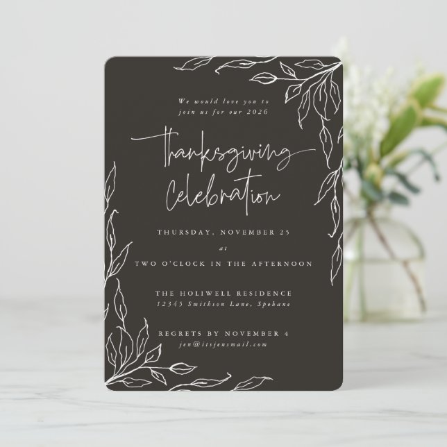 Invitación Elegante Motif Soft Black Modern Leaf Motif Acción (Anverso de pie)
