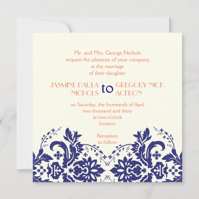 Invitación Elegante motivo damasco azul marino, boda de coral (Anverso)