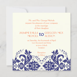 Invitación Elegante motivo damasco azul marino, boda de coral