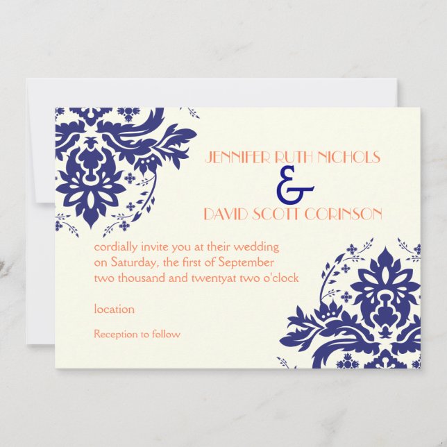 Invitación Elegante motivo damasco azul marino, boda de coral (Anverso)