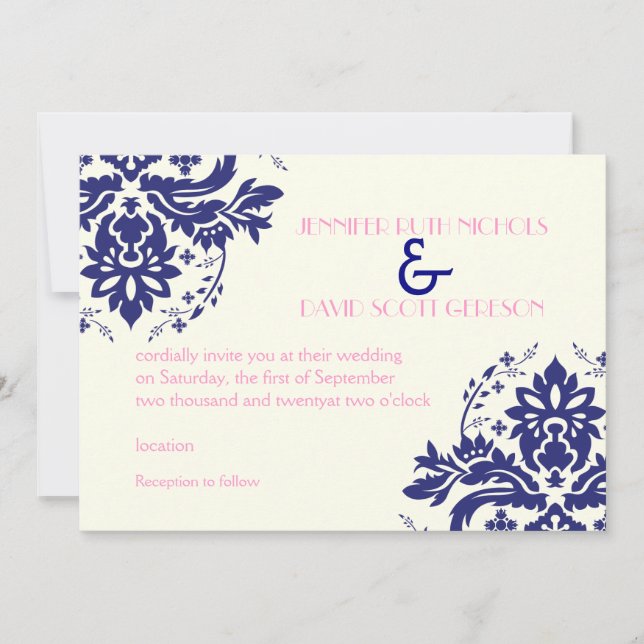Invitación Elegante motivo damasco azul marino, boda rosa (Anverso)