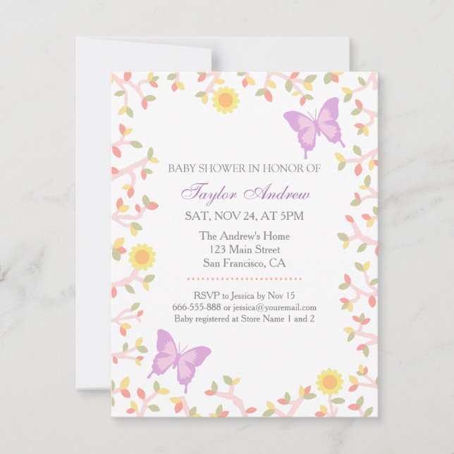 Invitación Elegante muelle Pastel deja Baby Shower mariposa (Anverso)