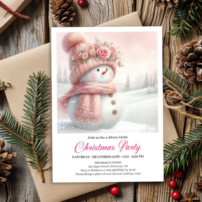 Invitación Elegante muñeco de nieve rosa niños editable digit (Elegant Pink Snowman Kids Editable Digital Christmas Invitation

)
