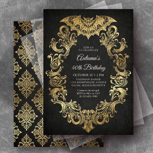 Invitación Elegante Murciélago Dorado Cumpleaños de Halloween