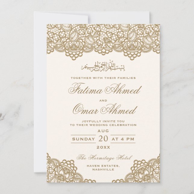 Invitación Elegante musulmán islámico crema de encaje de oro  (Anverso)
