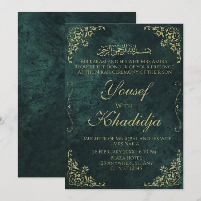 Invitación Elegante musulmán oscuro verde invita a Nikah (Anverso / Reverso)