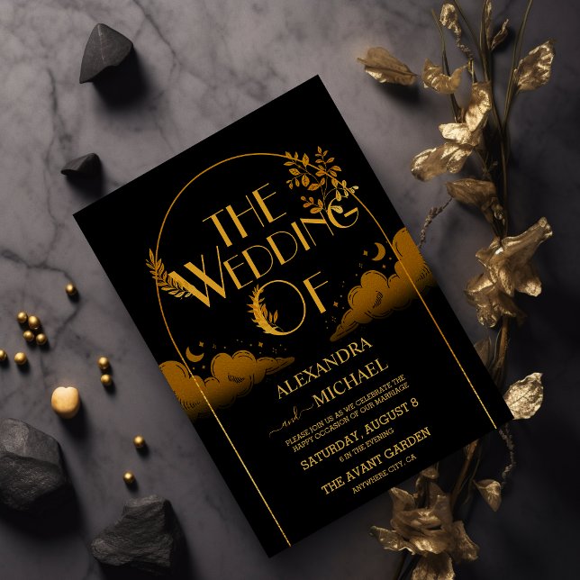 Invitación Elegante Mystical Black Gold Clouds Moon Boda (Subido por el creador)