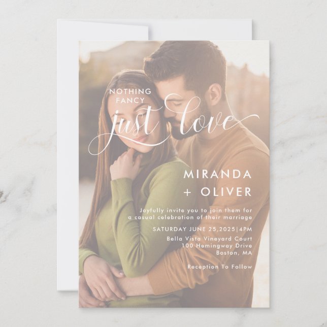 Invitación Elegante Nada Fancy Just Love Photo Boda (Anverso)