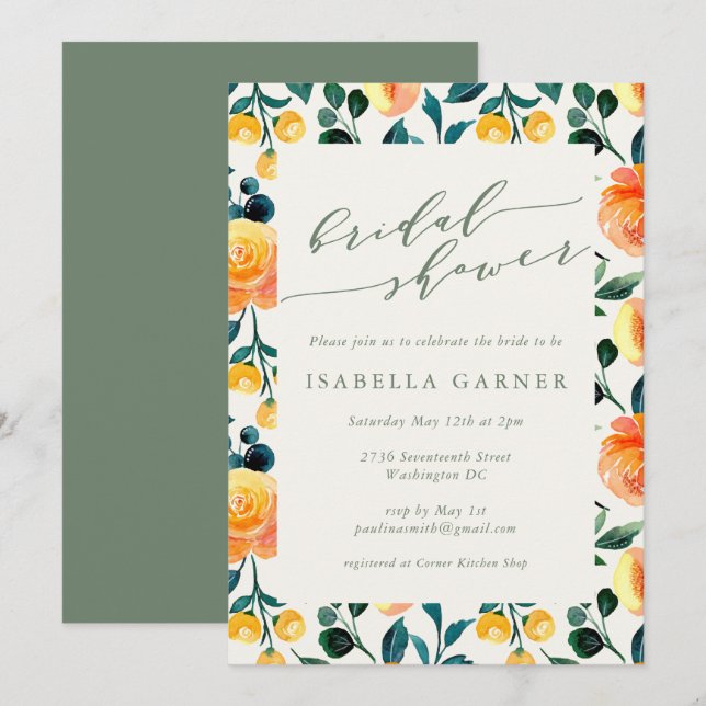 Invitación Elegante Naranja acuarela Floral Art Bridal Shower (Anverso / Reverso)