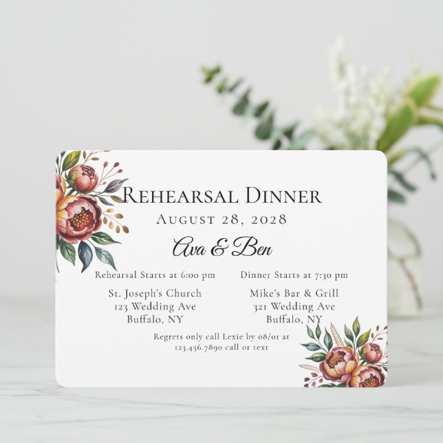 Invitación Elegante Naranja acuarela Peony Ensayo Cena (Anverso de pie)