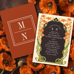 Invitación Elegante Naranja Amapola Art Nouveau Floral Boda