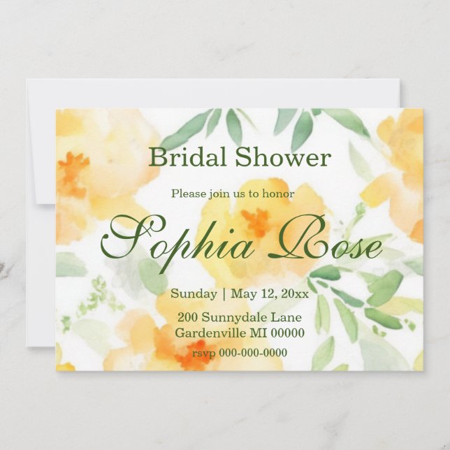 Invitación Elegante naranja amarillo acuarela ducha de novia (Anverso)