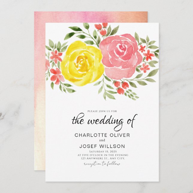 Invitación Elegante Naranja Amarillo Buquet rosa de flores Ve (Anverso / Reverso)