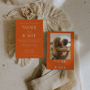 Invitación Elegante Naranja Atrevido Estiloso Retro Foto Boda