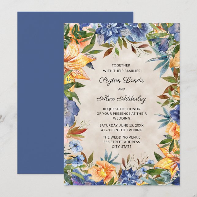 Invitación Elegante Naranja azul acuarela Boda floral (Anverso / Reverso)