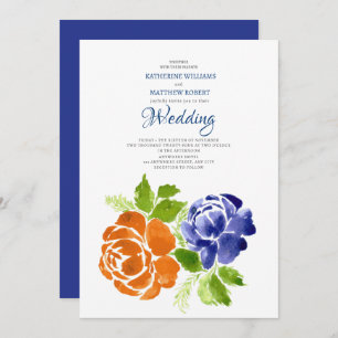 Invitación Elegante Naranja azul azul  Boda de verano floral