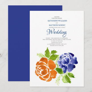 Invitación Elegante Naranja azul azul  Boda de verano floral