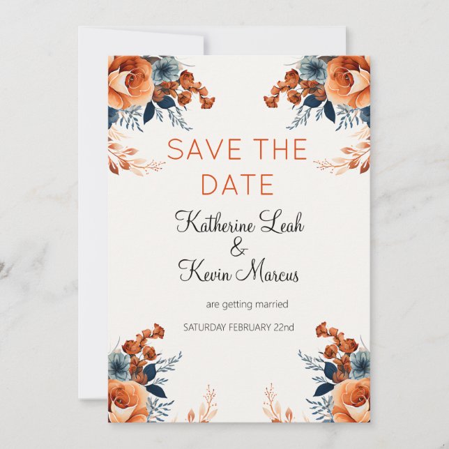 Invitación Elegante Naranja azul de la marina salva la fecha (Anverso)