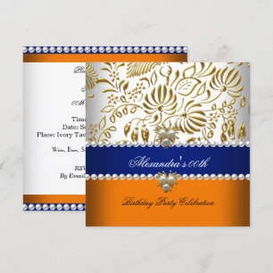 Invitación Elegante Naranja Azul Marino Dorado Damasco Perla 