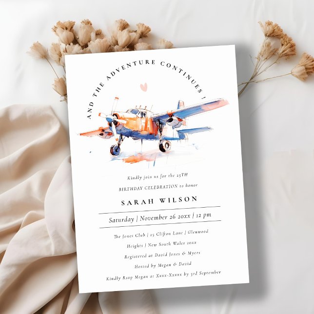 Invitación Elegante Naranja azul Rubor Airplane Cumpleaños (Subido por el creador)