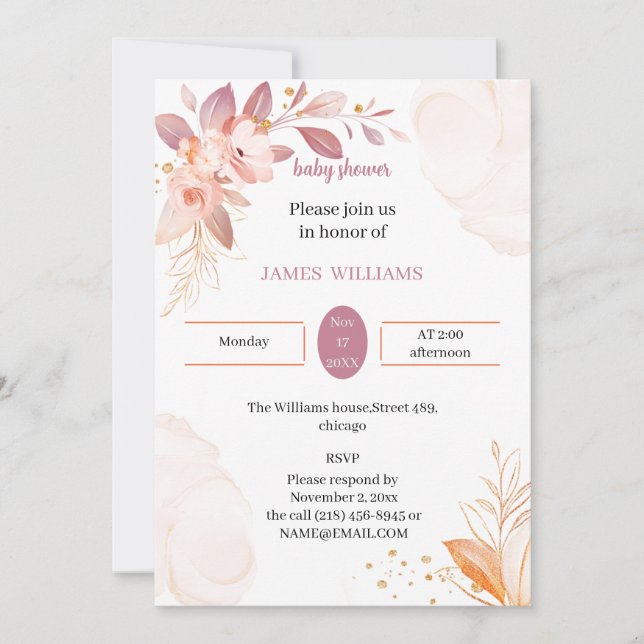 Invitación Elegante Naranja Baby Shower Personalizado (Anverso)