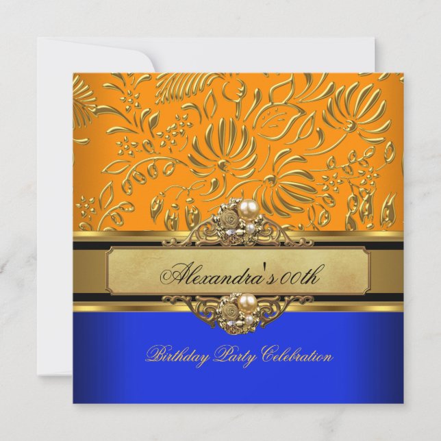 Invitación Elegante Naranja Blue Gold Damask fiesta de cumple (Anverso)
