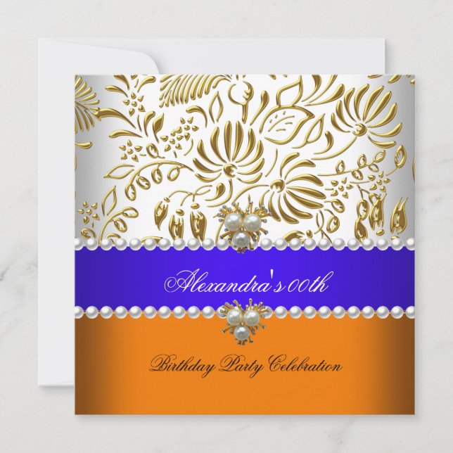 Invitación Elegante Naranja Blue Gold Damask Pearl Fiesta (Anverso)