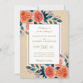 Invitación Elegante Naranja Boda de acuarela floral