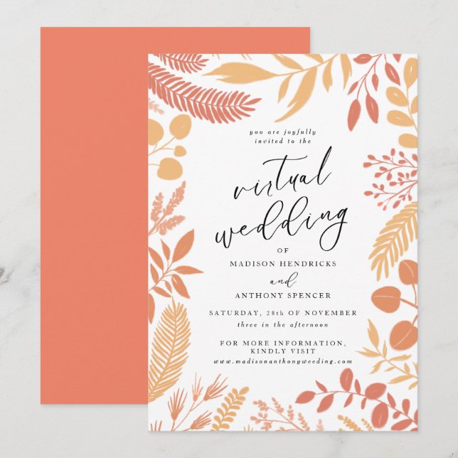 Invitación Elegante Naranja Boda virtual botánico (Anverso / Reverso)