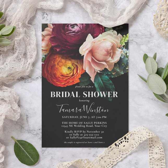 Invitación Elegante Naranja Borgoña Oscura Floral Bridal Show (Subido por el creador)