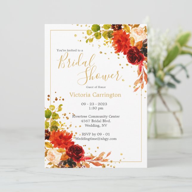 Invitación Elegante Naranja Borgoña Personalizar floral (Anverso de pie)