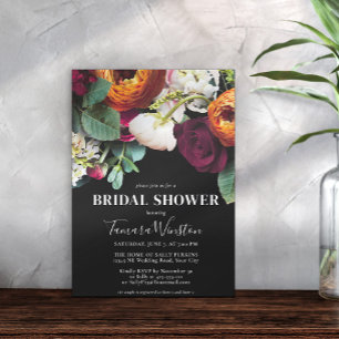 Invitación Elegante Naranja Borgoña Rubor Black Floral Shower