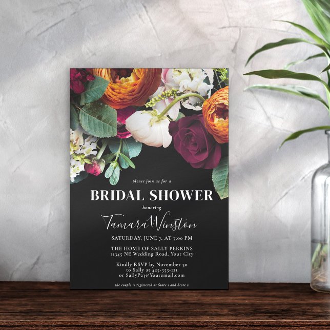 Invitación Elegante Naranja Borgoña Rubor Black Floral Shower (Subido por el creador)