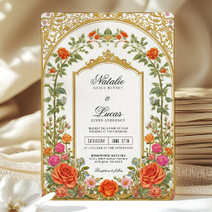 Invitación Elegante Naranja brillante Boda barroco floral ros