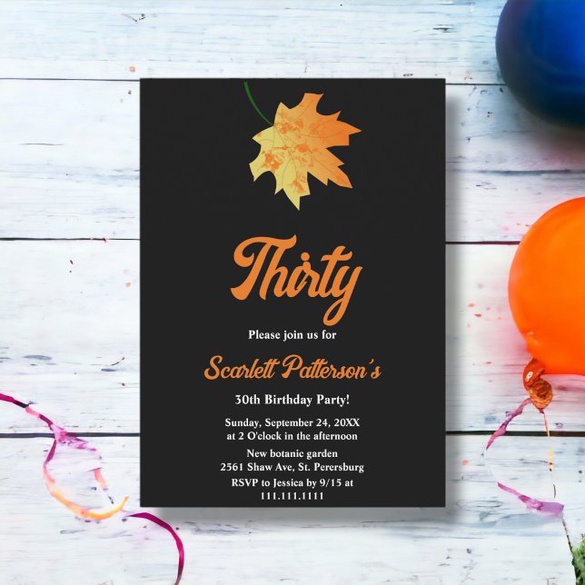Invitación Elegante Naranja caída deja negro 30 cumpleaños (Subido por el creador)