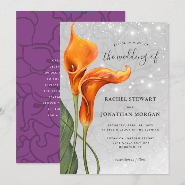 Invitación Elegante Naranja Calla Lily Watercolor Boda (Anverso / Reverso)
