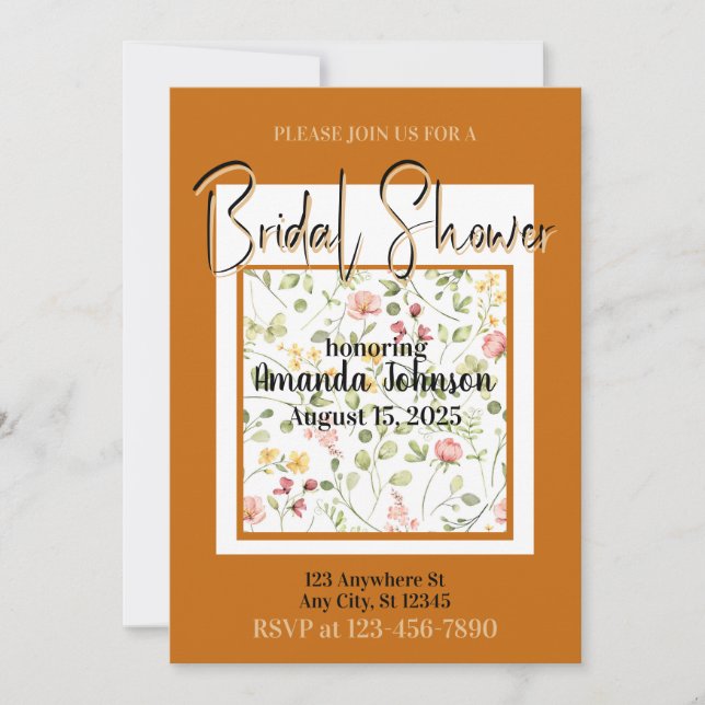 Invitación Elegante Naranja Campo Flores Floral Bridal Shower (Anverso)