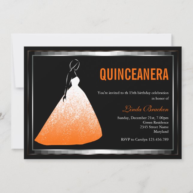 Invitación Elegante Naranja con bata Quinceanera invitada (Anverso)