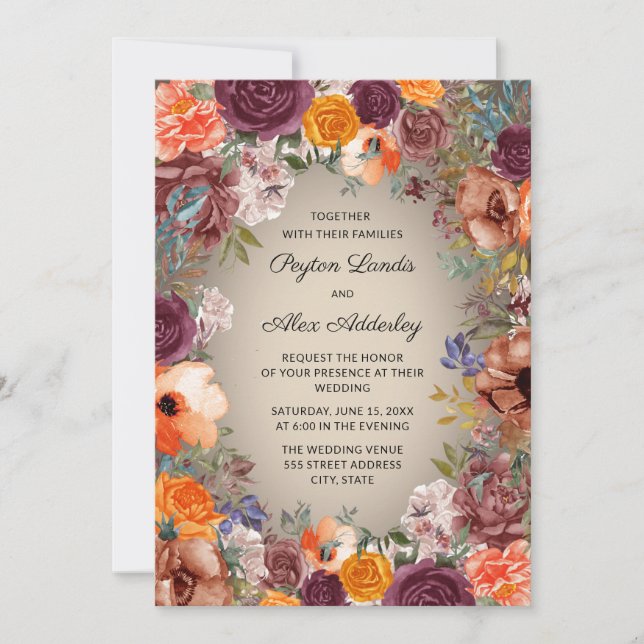 Invitación Elegante Naranja crema de óxido Boda marrón floral (Anverso)