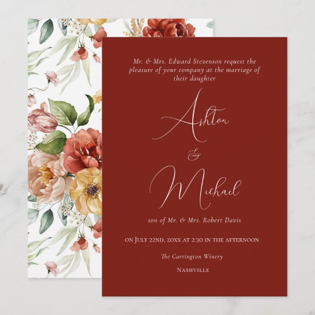Invitación Elegante Naranja de acuarela floral Boda moderno (Anverso / Reverso)