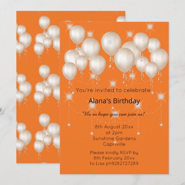 INVITACIÓN ELEGANTE NARANJA DE BALLÓN MODERNO LUMINOSO (Anverso / Reverso)