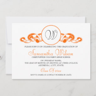 Invitación Elegante Naranja de cinta monograma de graduación